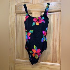 Gorgeous vintage size small black and rainbow floral one piece